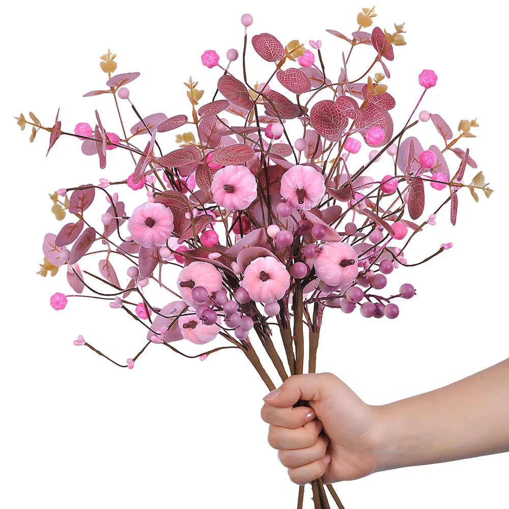 Artificial Pink Velvet Pumpkin Eucalyptus Leaf Pick Harvest Thanksgiving Pumpkin Bouquet Pink Pumpkin Branch Table Decoration Oasis Select