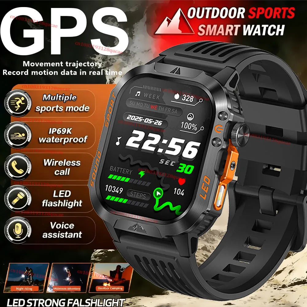 Rugged Military Smartwatch – Bluetooth Call, GPS & AI Voice