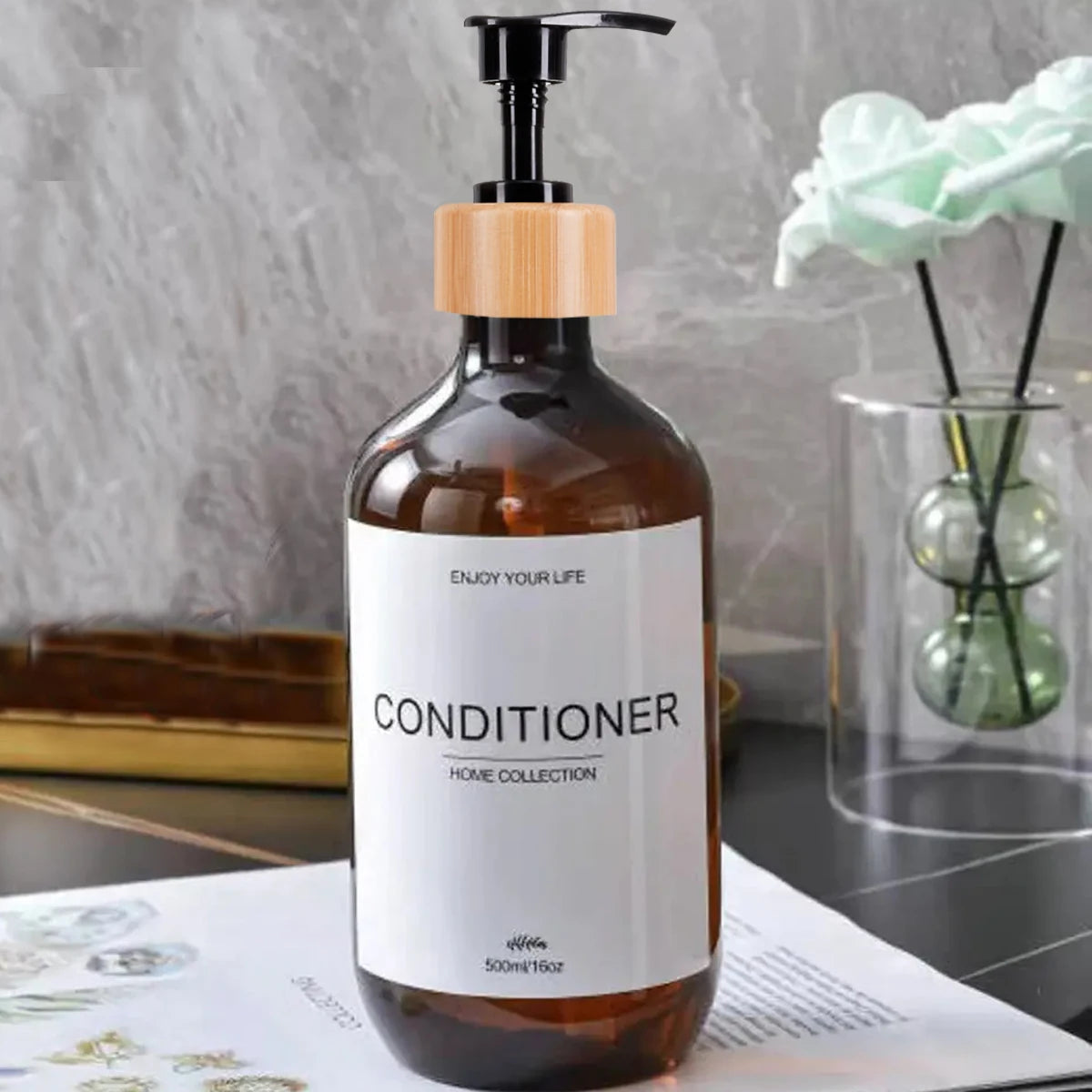 Bathroom Shampoo Dispenser Set 500ml Conditioner Body Wash Bottles Refillable Dispenser Farmhouse Decoration Storage Bottles Oasis Select Brown-C