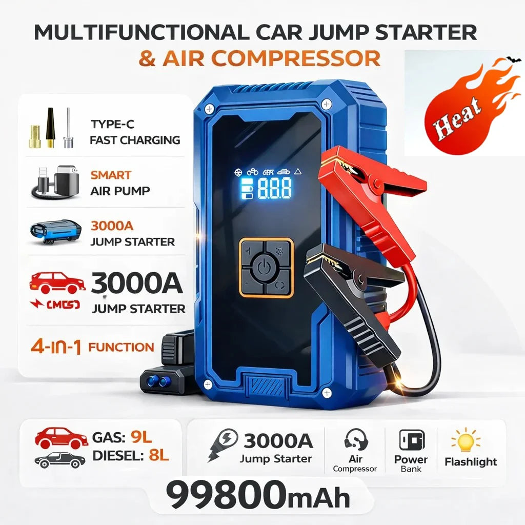 3000A 99800mAh Car Jump Starter with 150PSI Tire Inflator 4 in 1 12V Auto Battery Booster Portable Power Bank LED Light Oasis Select