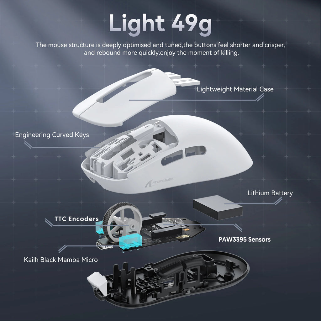 ATTACK SHARK X3 Wireless Tri Mode Gaming Mouse,49g Ergonomic PC Mouse, PAW3395 26K DPI Optical Sensor,Programmable Buttons Oasis Select