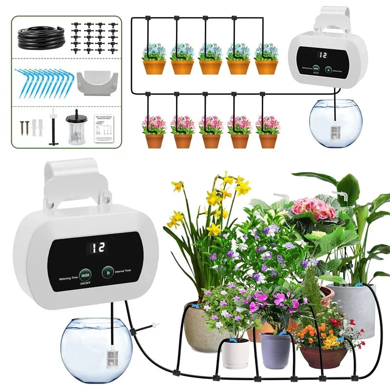 DIY Solar Irrigation Potted Plant Drip Irrigation Kit,Garden Balcony Greenhouse Drip Irrigation System,Automatic Watering System Oasis Select white