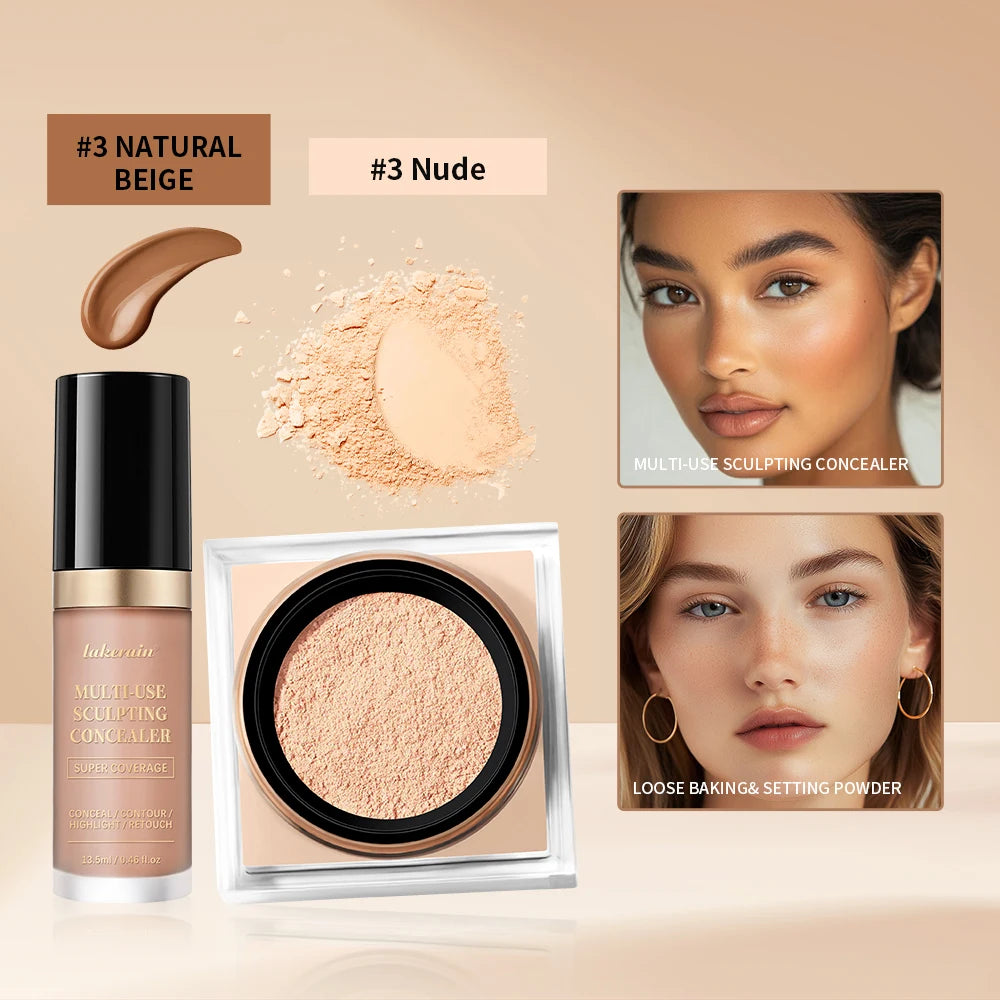 2pcs Face Makeup Set With Concealer And Loose Setting Powder Natural Face Smooth Matte Finish Women Cosmetics Korean Makeup Oasis Select SET 9