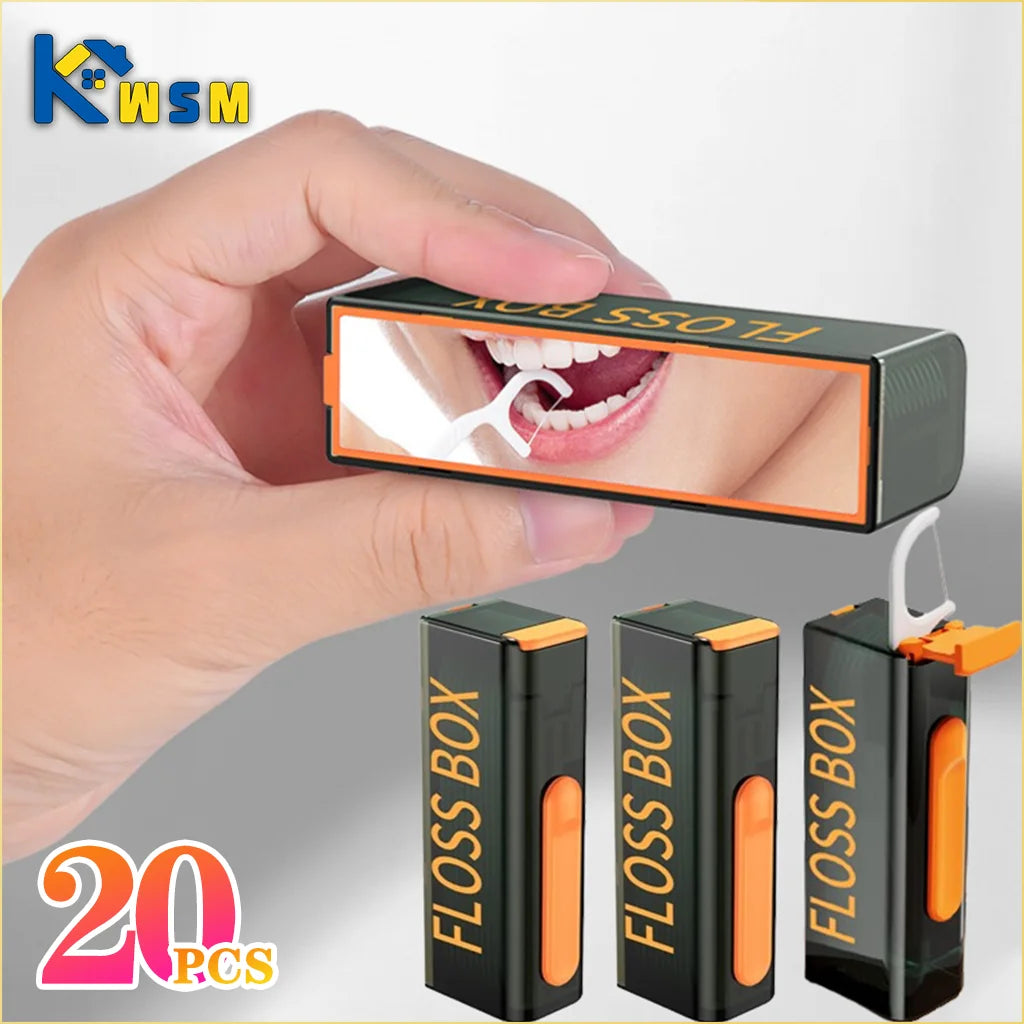 20PCS Mecha Wind Mirror Portable Floss Box Auto Pop Up 10pcs Mini Transparent Floss Stick Storage Box Oral Care Floss Organiser Oasis Select