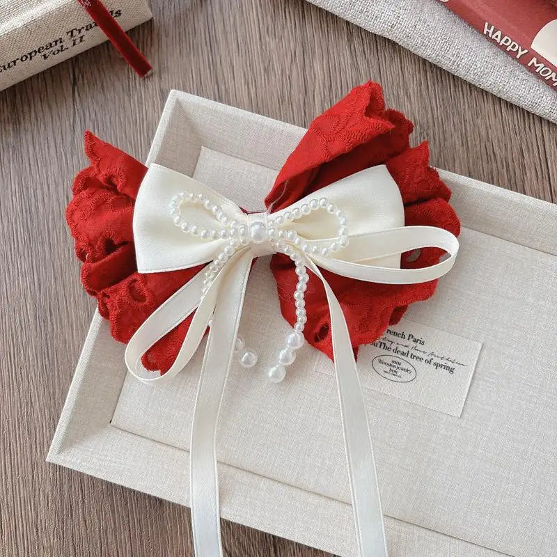 Girls Red Velvet Lace Bow Hair Clip | Korean Princess Hairpin