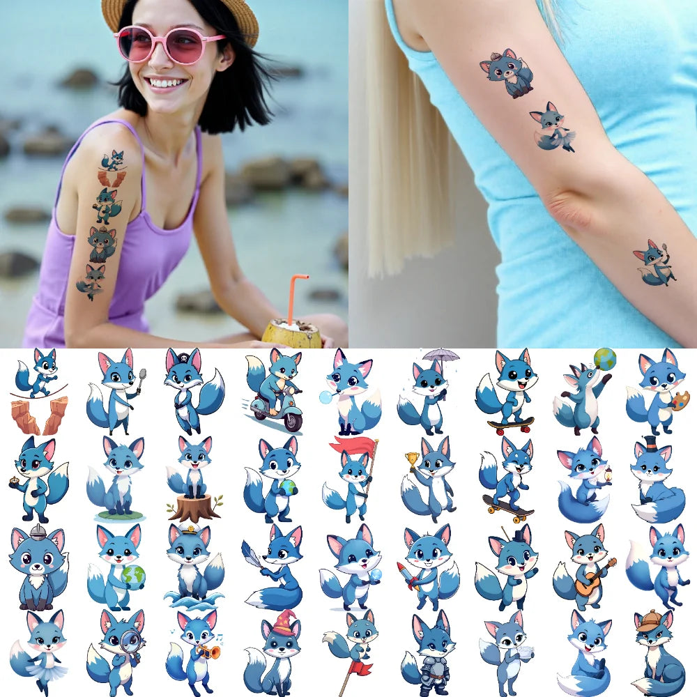 54-Piece Fox Cartoon Temporary Tattoo Stickers – Waterproof