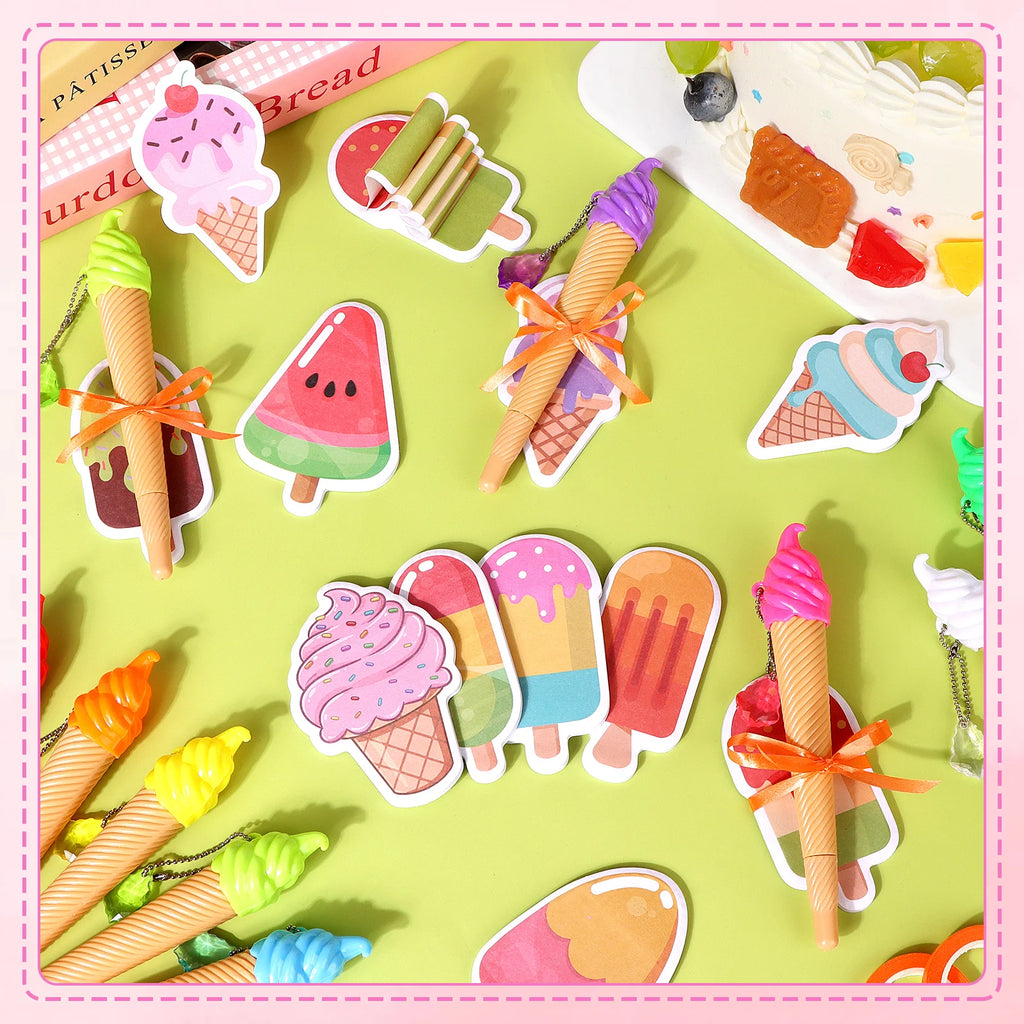 48Pc Ice Cream Cone Pens with Sticky Notes Ice Cream Party Supplies Kit Assorted Summer Fruit Popsicle Stick Back to School Gift Oasis Select