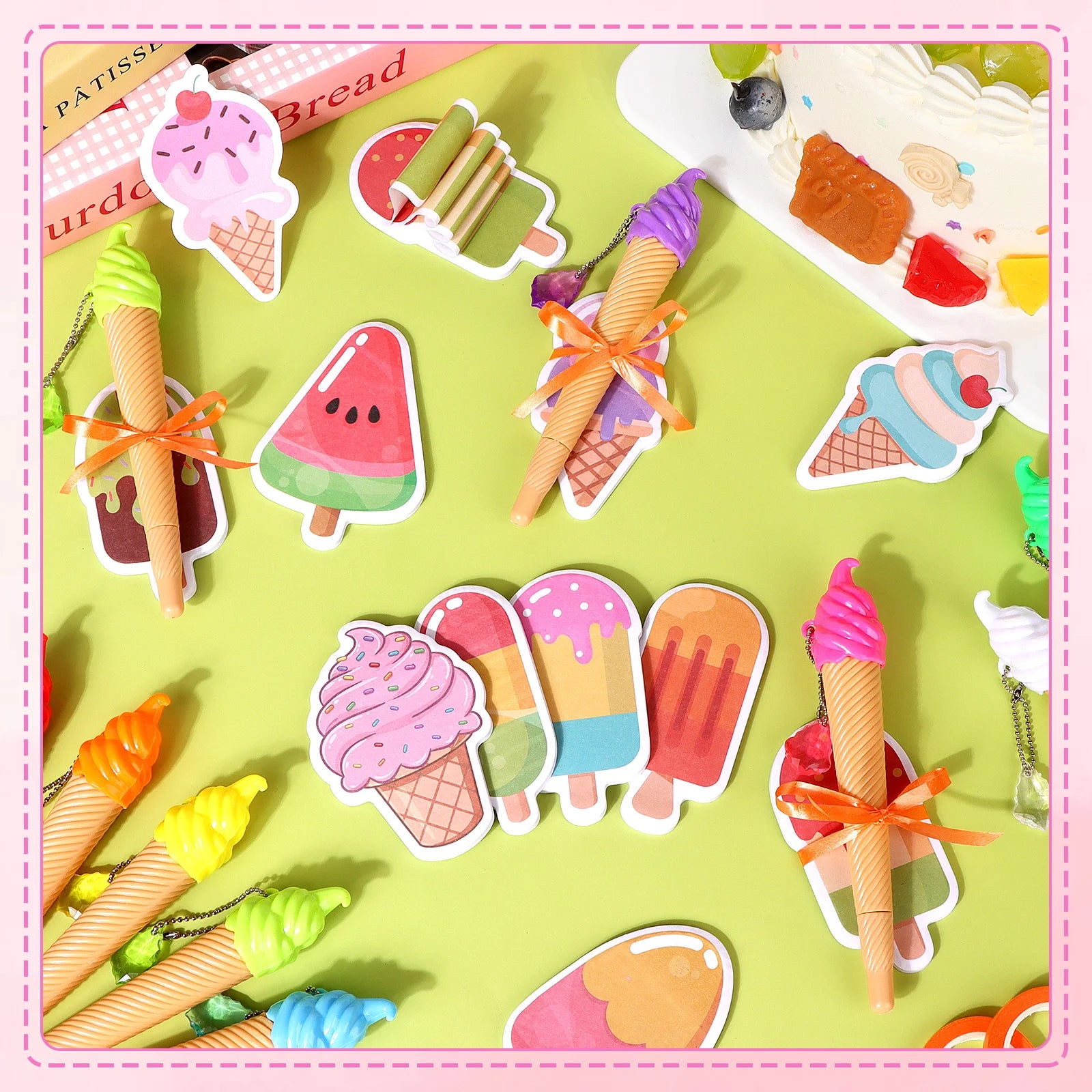 48Pc Ice Cream Cone Pens with Sticky Notes Ice Cream Party Supplies Kit Assorted Summer Fruit Popsicle Stick Back to School Gift Oasis Select
