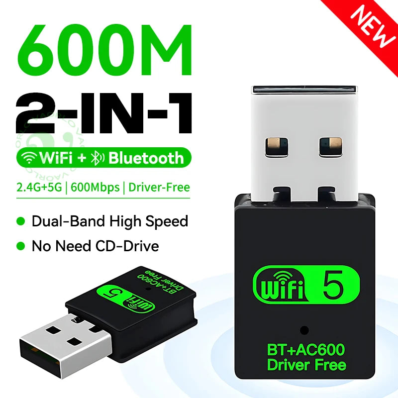 600Mbps USB WiFi Bluetooth Adapter 2 IN 1 Dual Band 2.4G/5GHz Wi-Fi Dongle High-Speed Wireless Network Card Receiver PC Laptop Oasis Select
