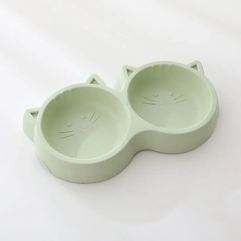 Cat Feeder Accessories Pet Supplies Pet Cat Double Bowl Material Cartoon Cat Face Shape Food Water Feeding Bowl Non-slip Puppy Oasis Select green