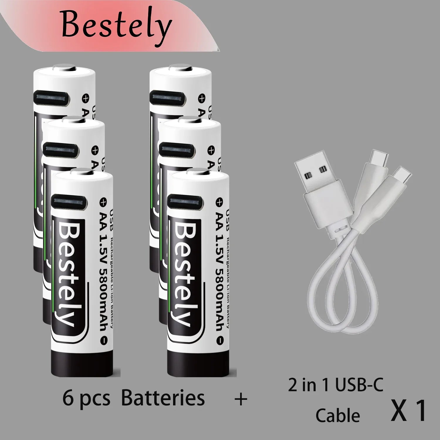 Bestely USB 1.5V AA 5800mAh Lithium ion Rechargeable Battery, AA Fast Charging Li-ion Akku , 2000 Cycle with USB- C Port Cables Oasis Select 6 pcs batteries