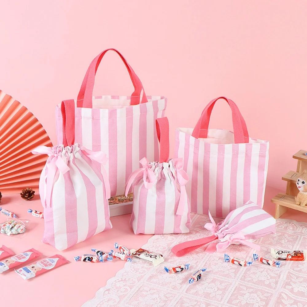 Colorful Striped Canvas Bag Large Capacity Handbag Children's Birthday Gift Bags Women Shopping Handbags Commuter Bento Tote Bag Oasis Select
