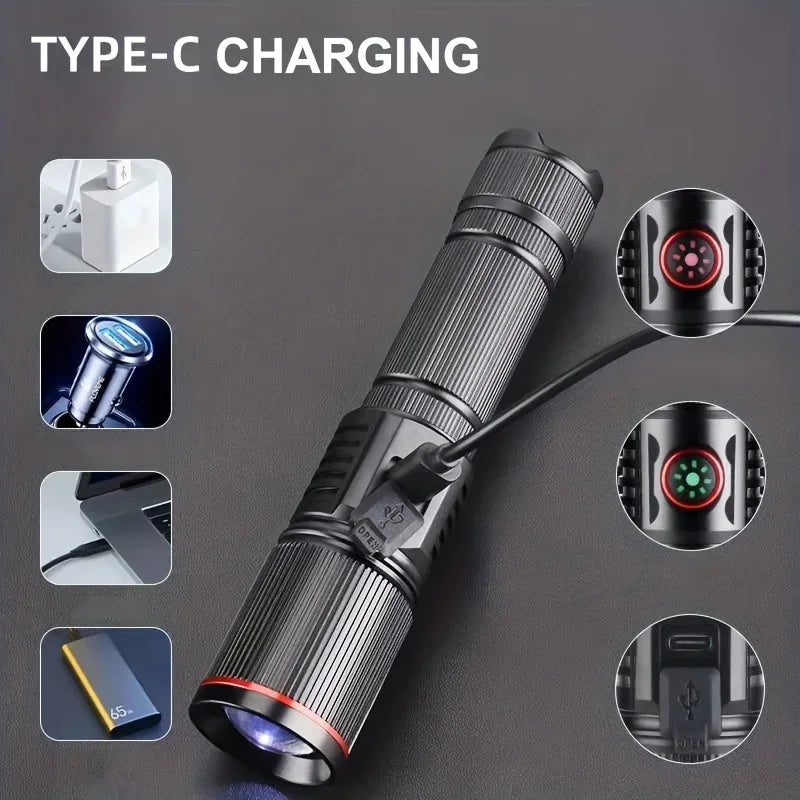 Outdoor Tactical Aluminum Alloy High Lumens LED Flashlight Telescopic Zoom Torch 6 Lighting Modes Emergency Light Oasis Select