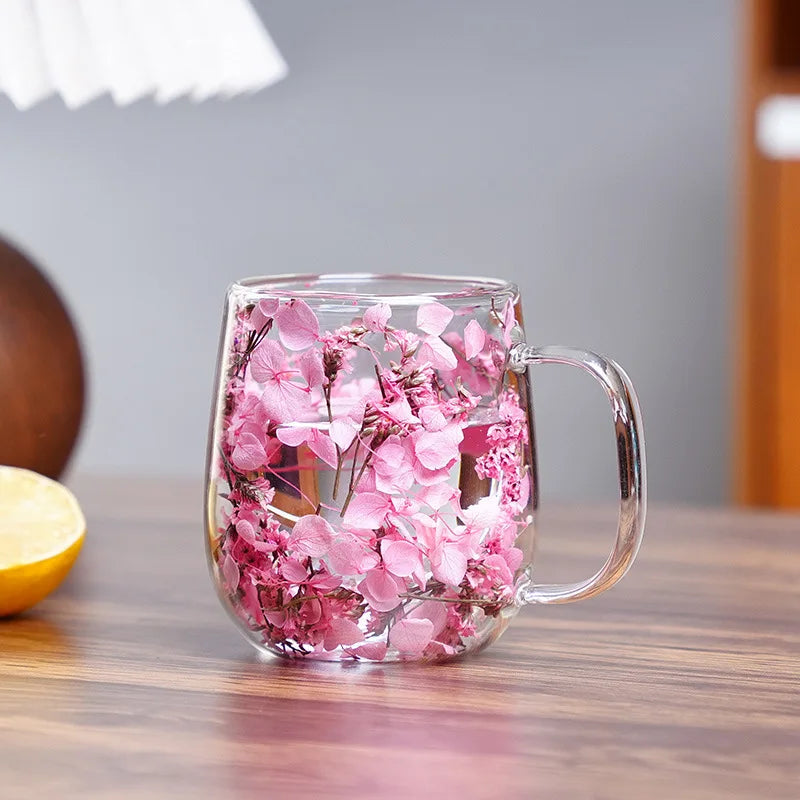 250ml Double-Walled Glass Cup with Handle High Borosilicate Reusable Coffee Mug, Built-In Floral Design for Hot & Cold Beverages Oasis Select Pink 250ml