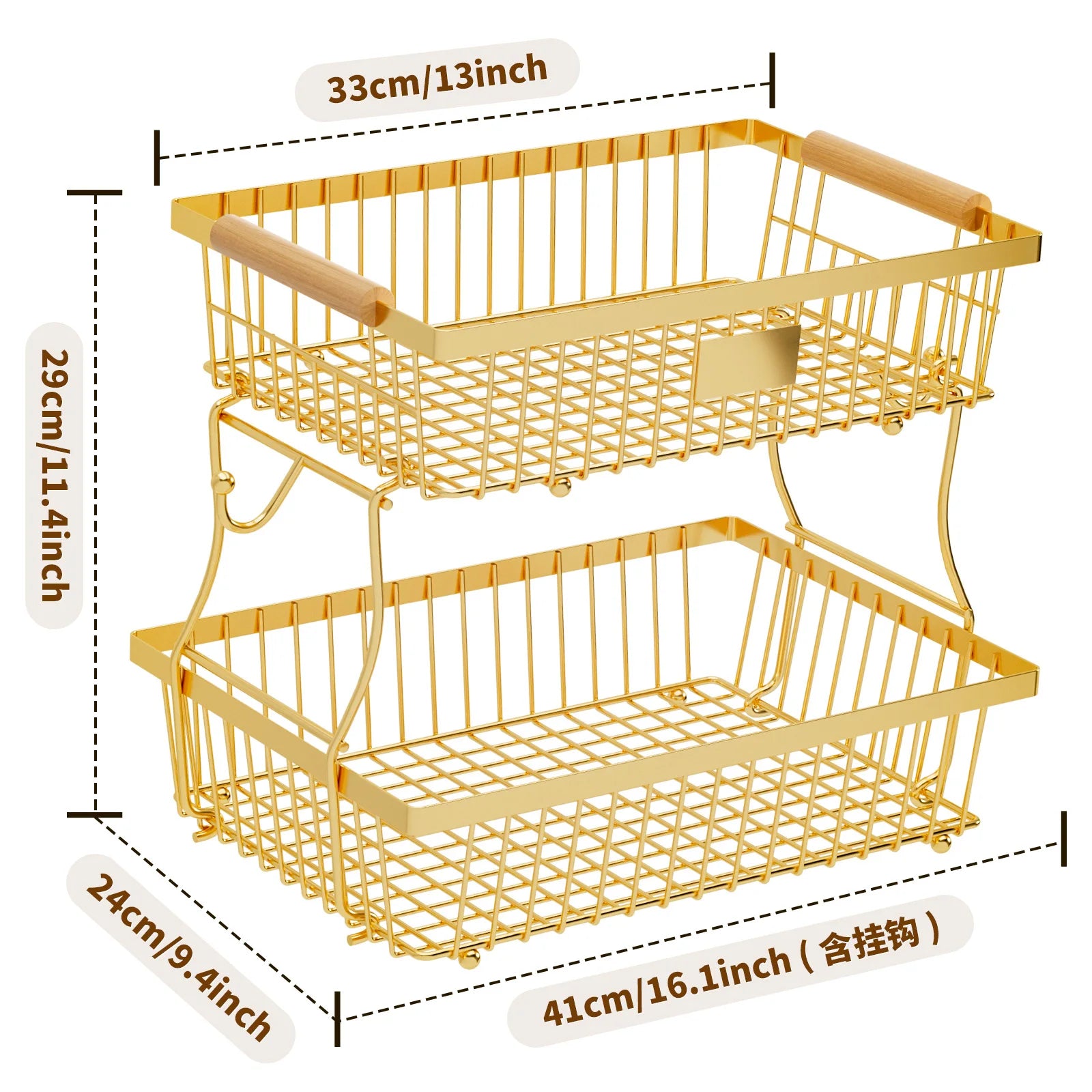 Kitchen Fruit Shelf Living Room Double-layer Removable Storage Rack Tray Wooden Handle Portable Vegetable and Fruit Basket Oasis Select Gold double layer