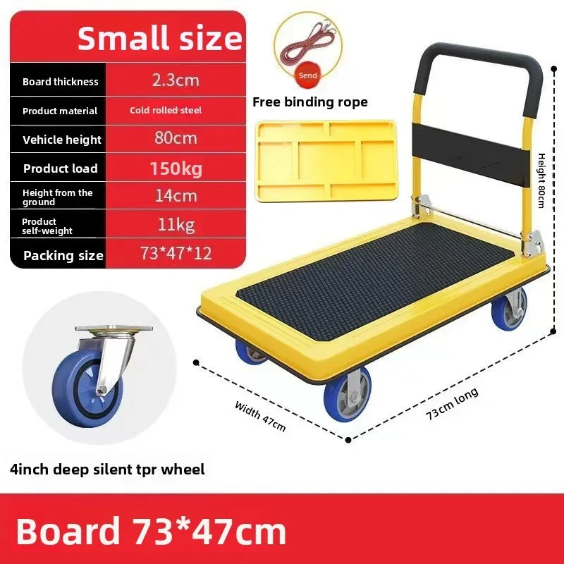 Multi-functional Silent trolley Steel trolley Pull goods Folding flatbed truck Small trailer Truck Supermarket storage Oasis Select Yellow-B-47-73-4