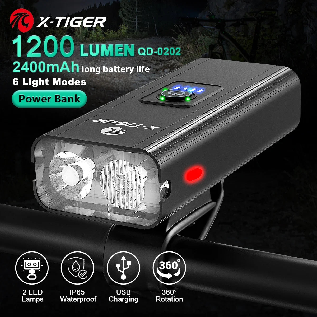 X-TIGER Bike Light Set Powerful USB Rechargeable Bright 10000mAh Bicycle Front Lights IPX5 Waterproof Front Lamp Cycling Oasis Select QD-0202