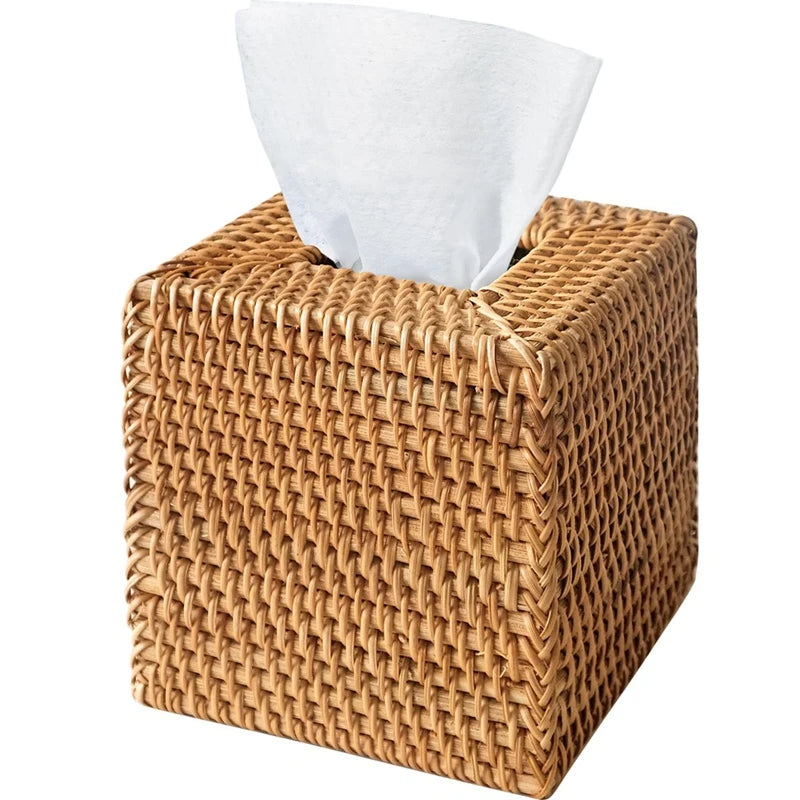 WISH Rattan Tissue Box Cover, Hand Woven Square Wicker Holder For Facial Tissues, For Bathroom Living Room, Tissue Holders Oasis Select Photo Color