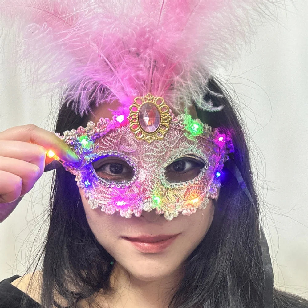 1Pcs Venetian Venice Glowing Feather Led Masks Woman Fancy Dance Party Eye Mask Carnival Halloween Masquerade Cosplay Costume Oasis Select
