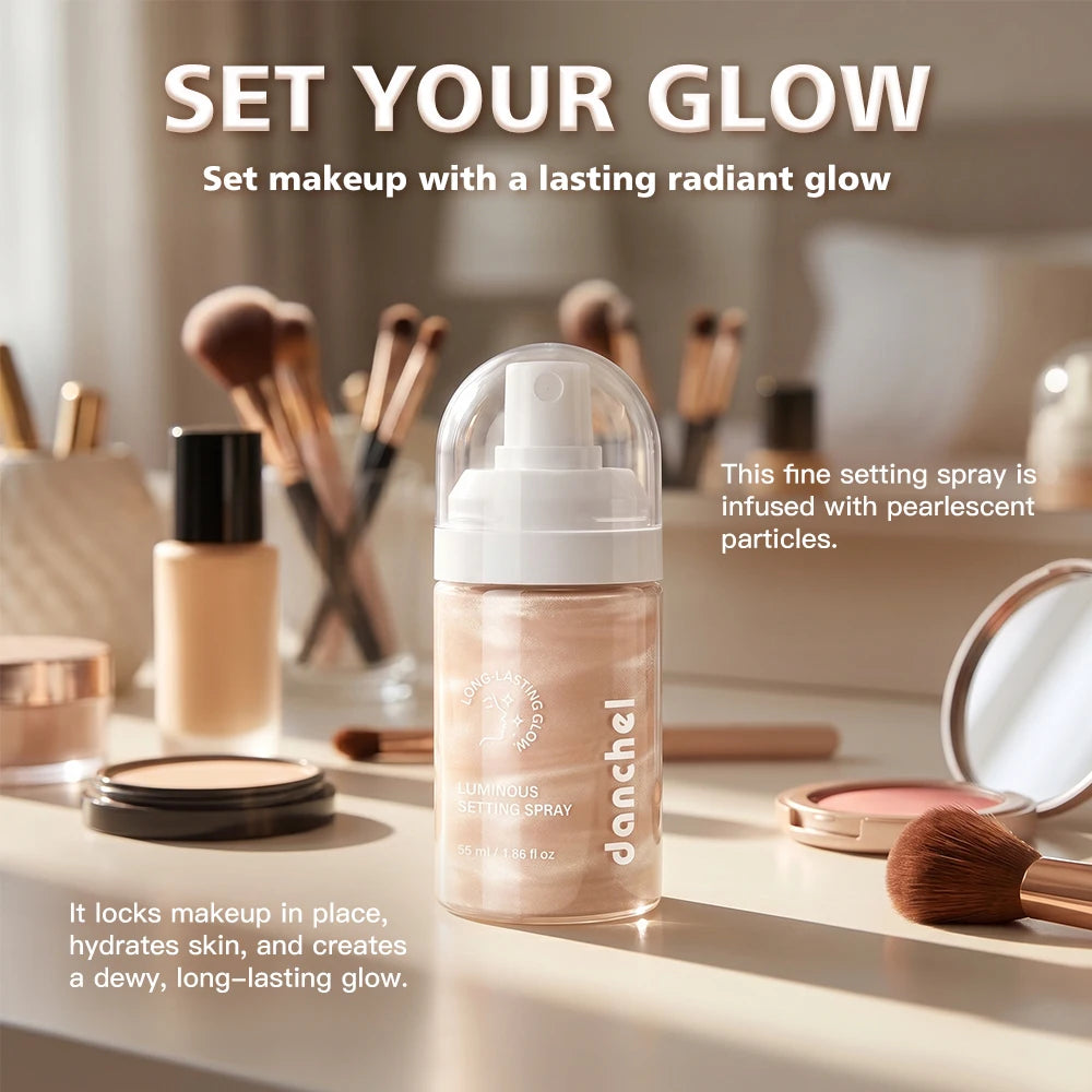 Luminous Shimmery Champagne Pink Setting Spray Liquid Long Lasting Waterproof Smudge Resistant Dewy Radiant Glow Multi‑use Face Oasis Select