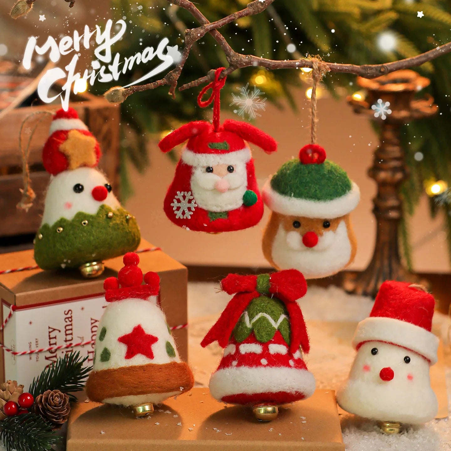 New Christmas Decoration Wool Felting Plush Christmas Bell Santa Claus Snowman Jingle Bell Christmas Tree Hanging Pendant Oasis Select