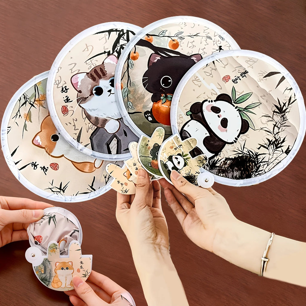 1Pc Cute Cat Folding Fan - Cat Design, 2-In-1 Cooling And Sun Protection, Portable Handheld with Storage Bag, Summer Accessory Oasis Select