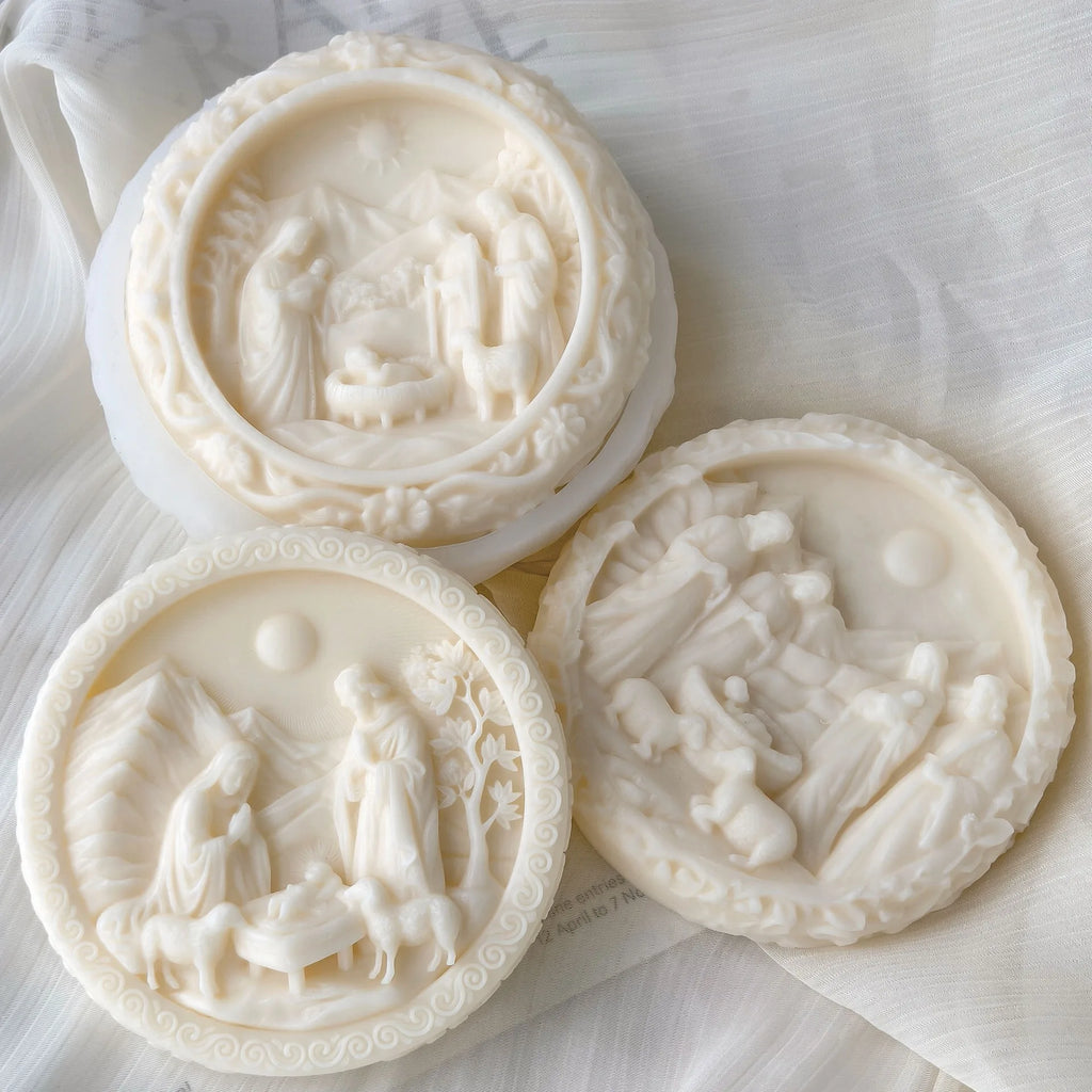 3D Nativity Scene Mold, Round Silicone Jesus Birth Candle Mould, Resin Fondant Gypsum Plaster Wax Soap Chocolate Crafting DIY Oasis Select