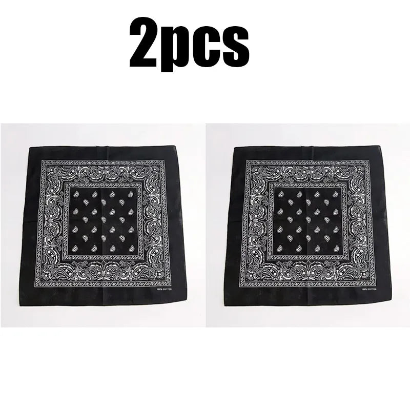 1/2pcs Bandana Kerchief Unisex Hip Hop Black Hair Band Neck Scarf Sports Headwear Wrist Wraps Head Square Print Handkerchief Oasis Select Black-2pcs