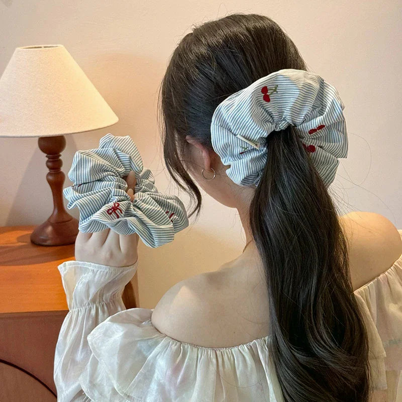 2Pcs Korean Delicate Style Blue Striped Red Bow Cherry Scrunchie Hair Tie Fashionable New Hair Accessories Oasis Select