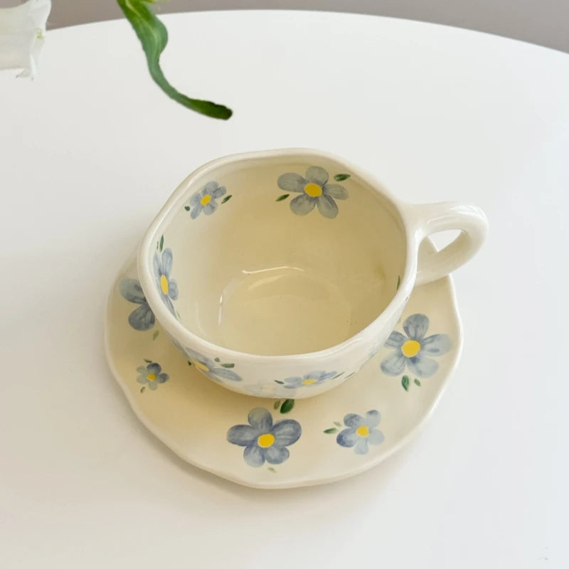 Ceramic Plate Flower Pattern Coffee Mug Set Painted Cute Girl Hand-painted Underglaze Color Gift Saucers for Festivel Present Oasis Select