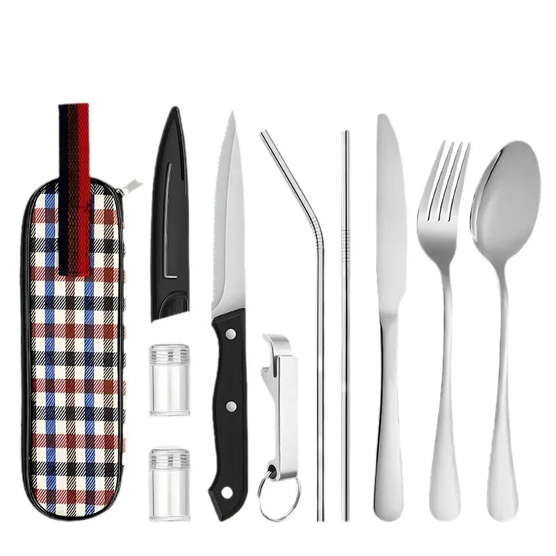 Tableware Stainless Steel Cutlery Knife Fork Spoon Steak Knife Spice Bottle Straw Outdoor Travel Portable Set Oasis Select