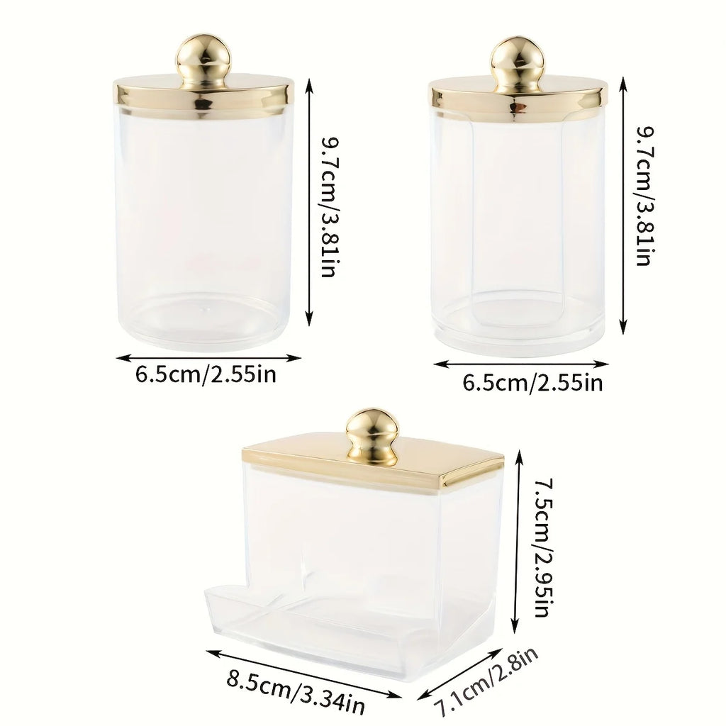 1/3 Qtips Bathroom Organizer with a gold lid, a 10 oz. ball filler and a clear plastic apothecary jar for cotton swabs Oasis Select