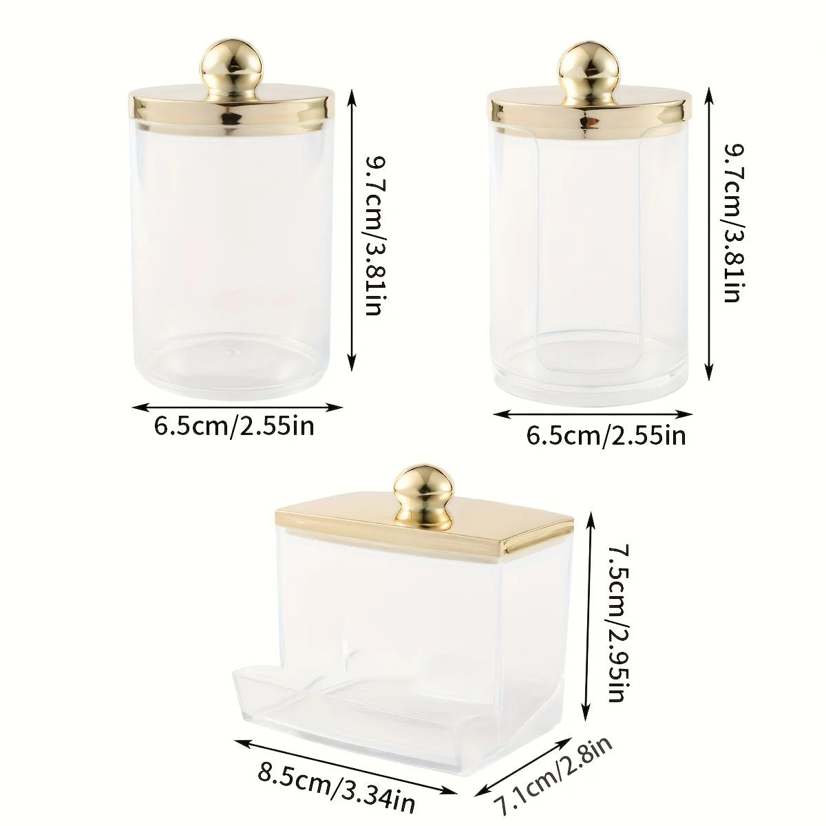 1/3 Qtips Bathroom Organizer with a gold lid, a 10 oz. ball filler and a clear plastic apothecary jar for cotton swabs Oasis Select