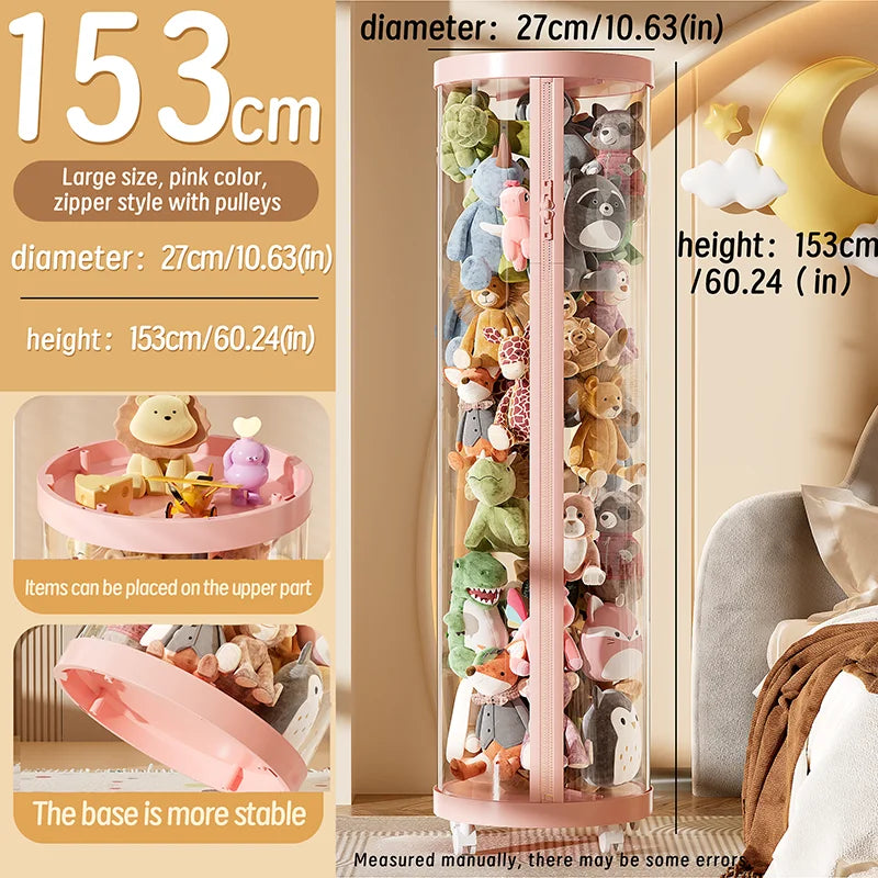 Transparent Doll Storage Box Plush Toy Organization Toy Storage Tube DIY Zipper Bins Kid Christmas Gift Children's Toy Organizer Oasis Select pink-L-With wheel