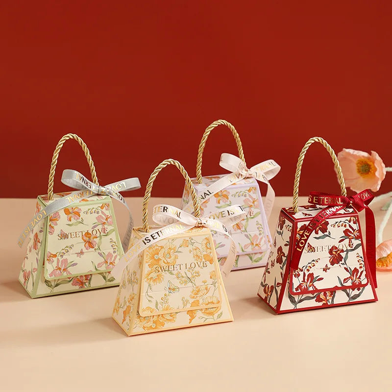 Wedding Candy Box Bow Ribbon Printing Flower Chocolate Cookie Party Supplies Gift Bag Kraft Paper Gift Packaging Box With Handle Oasis Select