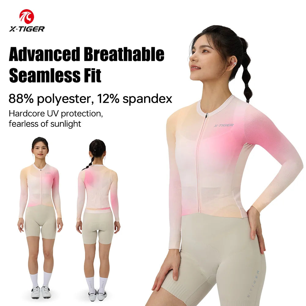 X-TIGER Women's Cycling Jersey Soft Breathable Quick-Drying Long Sleeve Three Pocket Bicycle Clothing SPF 50+ Cycling Top Oasis Select