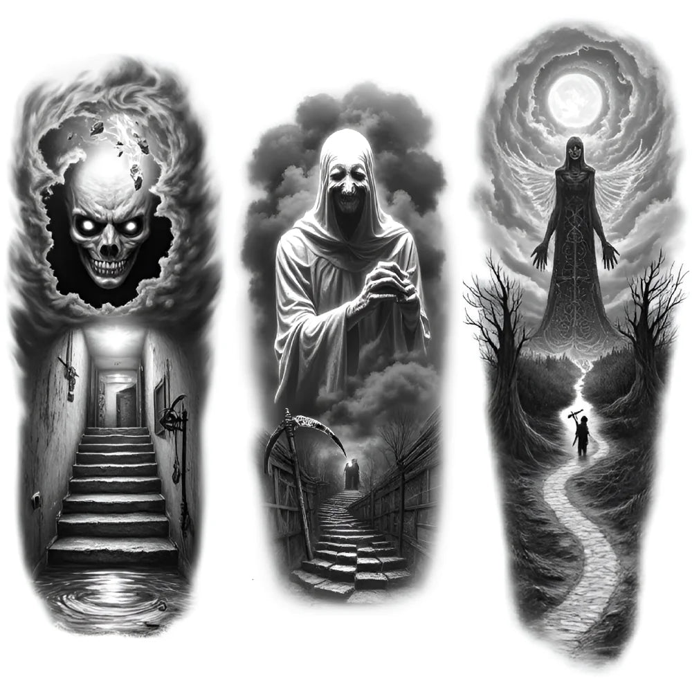3-Pack Skull & Grim Reaper Temporary Tattoos – Black & Grey
