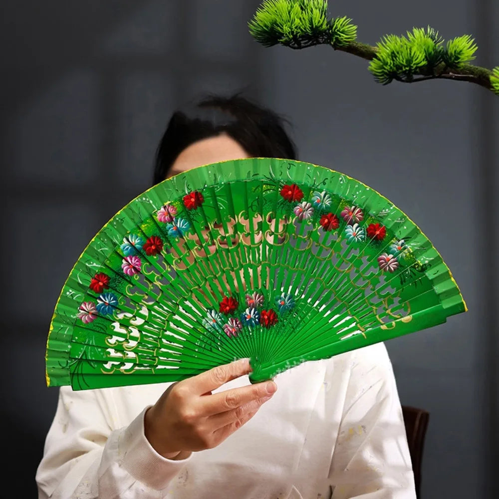 Traditional Classic Hand-painted Fan Colorful Hand Crafted Chinese Style Fan Antique Decorative Folding Fan Photography Prop Oasis Select Green