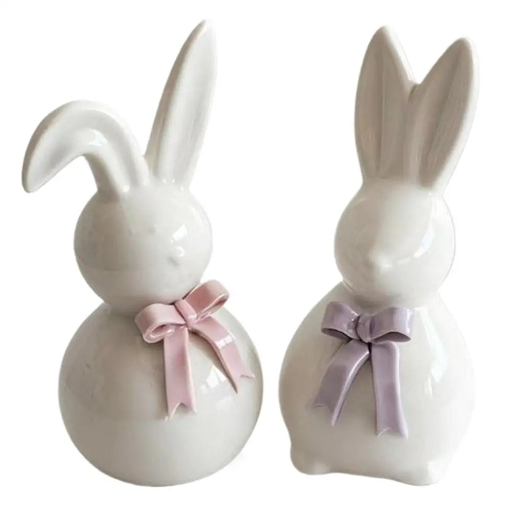 Easter Bunny Ornament Cute Ceramic Desktop Decoration Art Craft Home Decor Present Easter Rabbit Sculpture Easter Home Decor Oasis Select Set 2Pcs