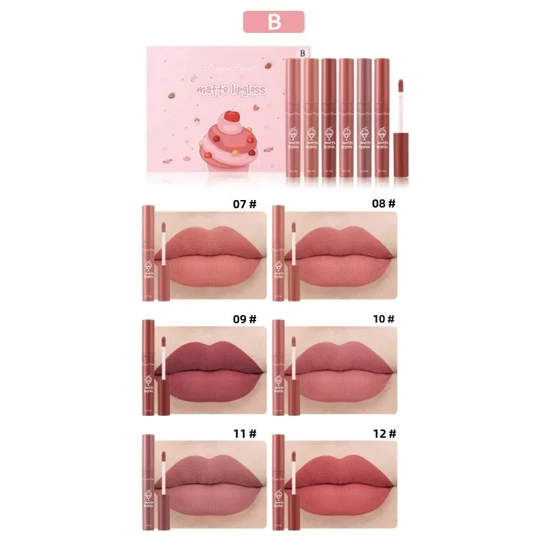 Dragon Ranee 6-Color Velvet Matte Lip Gloss Set – Long-Lasting