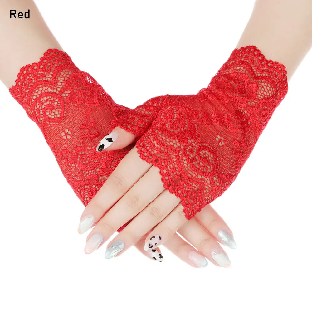 Women Sunscreen Dance Driving Gloves Lace Gloves Short Gloves Fingerless Mittens Oasis Select red