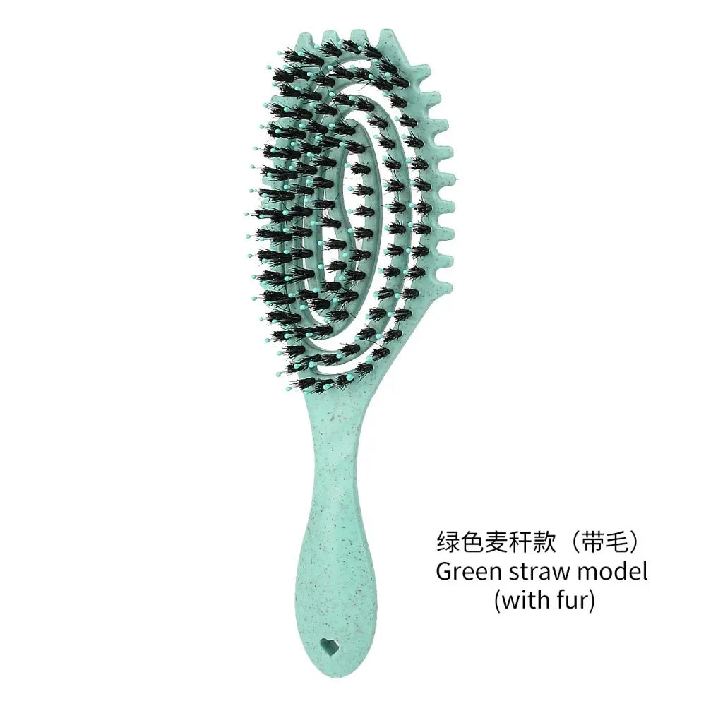 Curls Define Styling Brush Tangled Boar Bristle Hair Comb Anti Detangling Hair Styling Tool Hollow Out Wet Dry Dual Purpose Comb Oasis Select green
