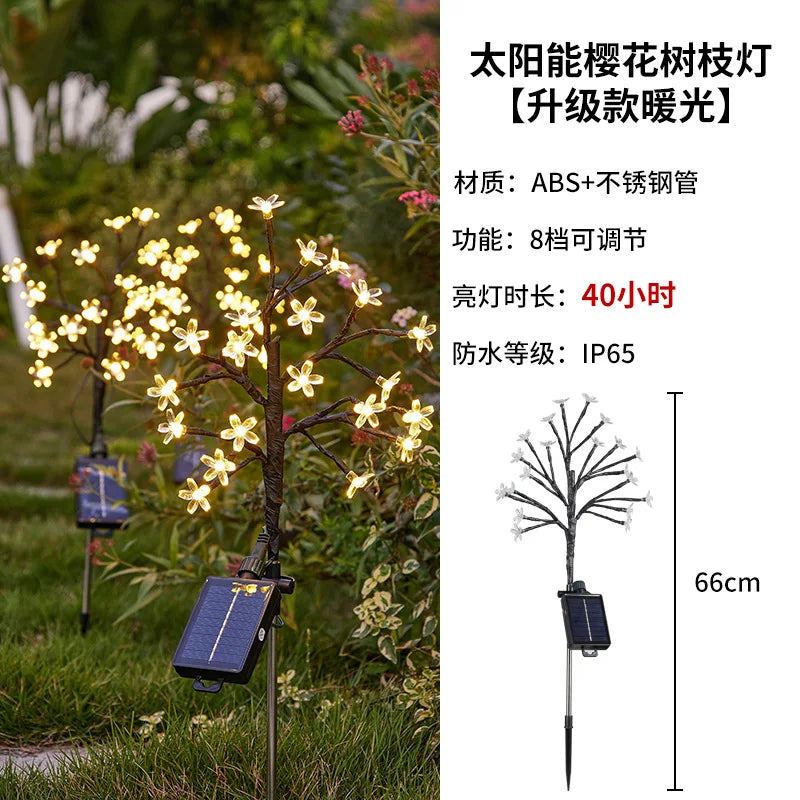 LED Solar Waterproof Cherry Blossom Branch Lamp, Firefly Garden Outdoor Lawn Ground Insert Lamp Oasis Select Warm Light Cherry 5W