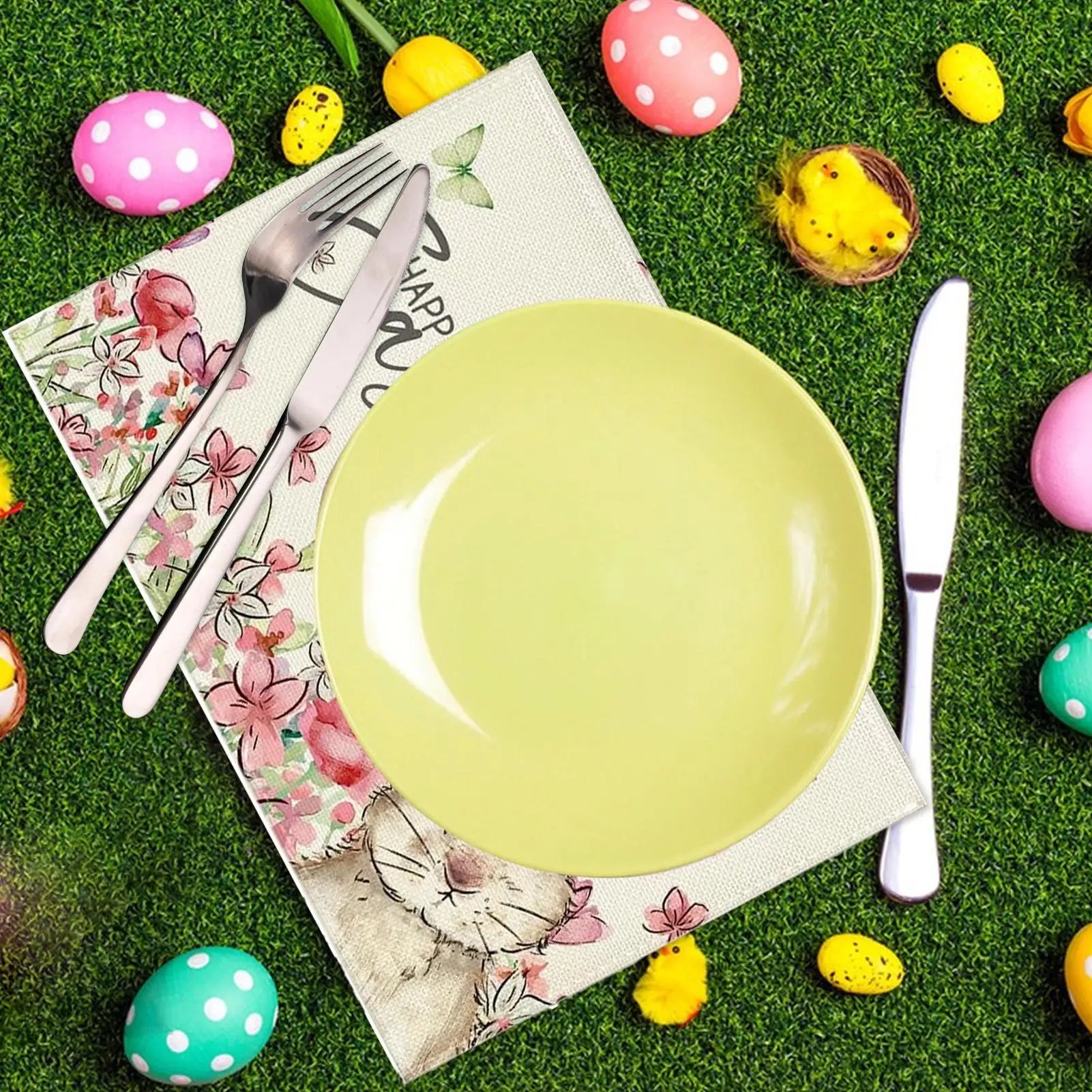 Easter Place Mats Rabbit Print Placemat Spring Flowers Easter Bunny Easter Egg Print Family Holiday Dinner Restaurant Decoration Oasis Select