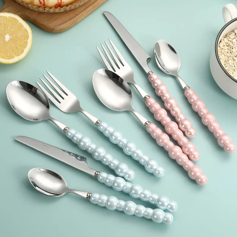 10Pcs of Ceramic Handle Tableware, Stainless Steel Spoon Set, Creative Pearl Shape Handle Soup Spoon Rice Spoon Kitchen Supplies Oasis Select