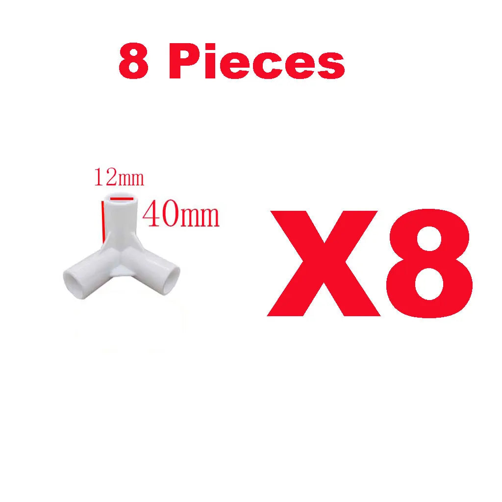 3 way White PVC Tent Feet Corner Center Connector Pipe PVC Straight Elbow Tee Connector Plastic Joint DIY Wardrobe Tent Fittings Oasis Select 12mm 8 pieces