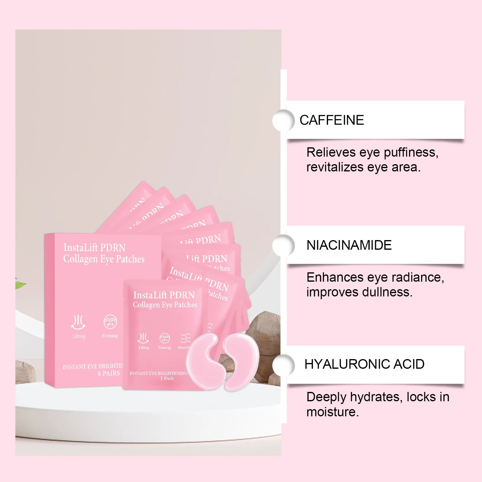 Instalift PDRN Collagen Eye Patches Anti Dark Circles Eye Bags Anti Wrinkles Hydrogel Under Eye Mask with Niacinamide & Caffeine Oasis Select