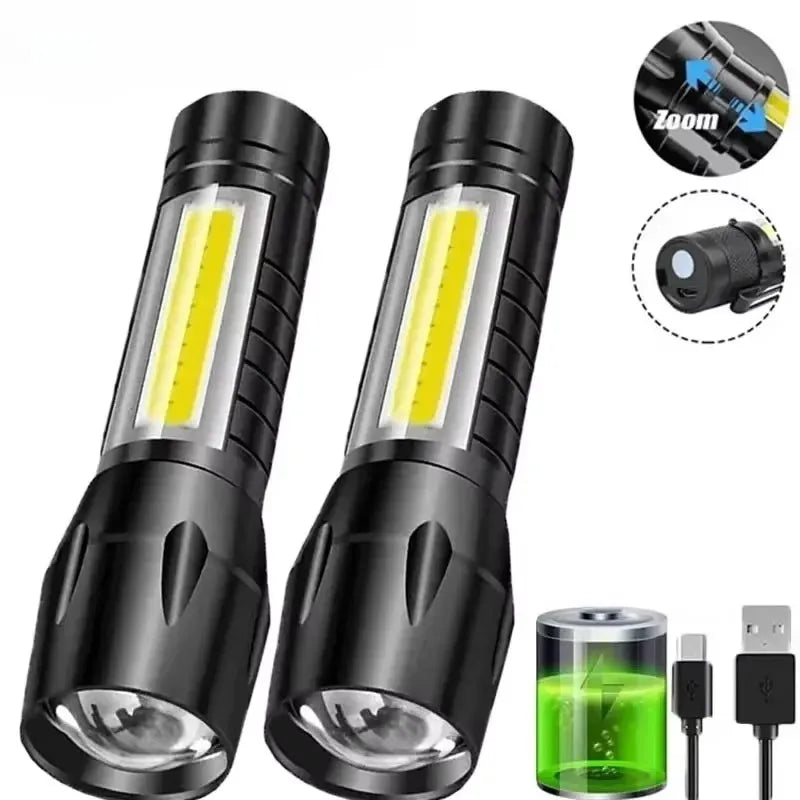 COB+XPE Mini LED Camping Flashlight Portable USB Rechargeable Torch Outdoor Zoomable Light Tactical Lantern Lamp with Pen Clip Oasis Select S015 2pcs