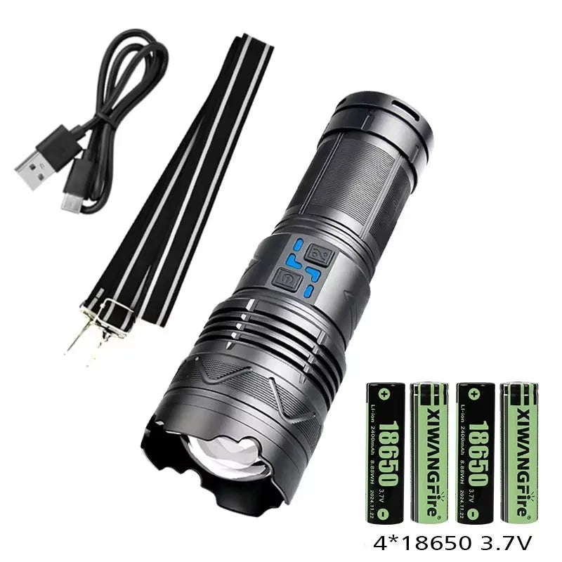 Powerful LED Flashlight Super Bright Spotlight Long Range Zoomable Emergency Lantern Outdoor Camping Torch Power Display Oasis Select S with battery