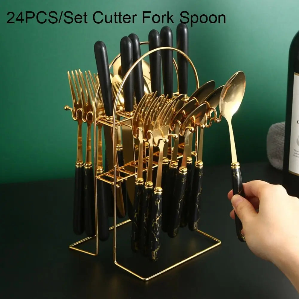 24-Piece Marbled Stainless Steel Cutlery Set with Storage Rack Cutlery Flatware Set Oasis Select
